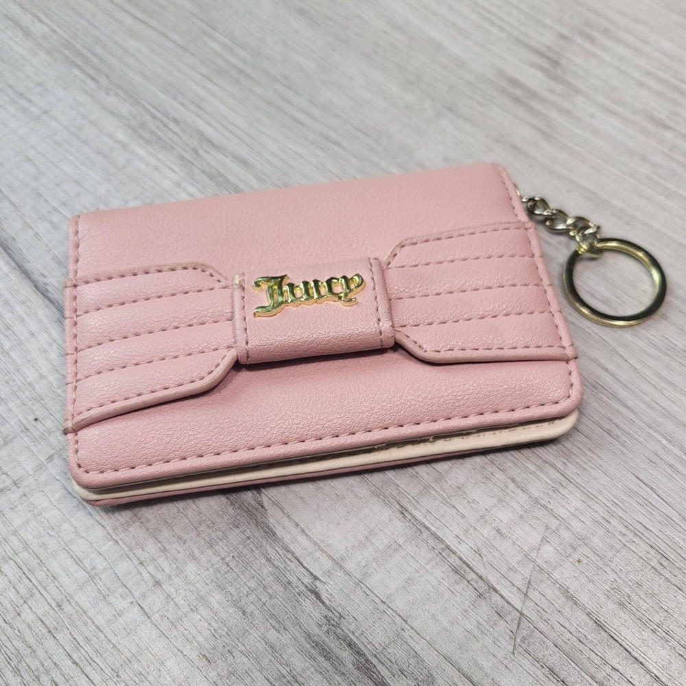 Juicy Couture Pink Bow Bifold Wallet Keychain Gold Logo Card Holder Zip Pocket